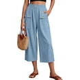 thumbnail image 5 of VV AVEORS Capris For Women Pull On Wide Leg Linen Cargo Pants Summer Buttons High Waist Beach Vacation Trousers With Pockets Sky Blue 2XL, 5 of 7