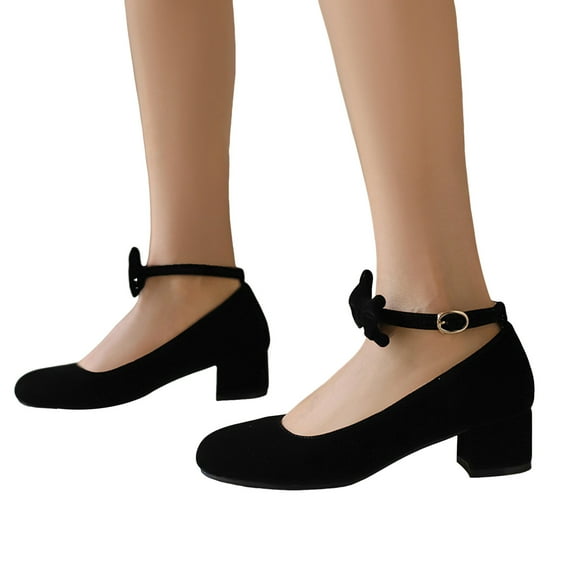 Bow Ballet Flats Dress Shoes for Women Bride Suede Round Toe Bowknot Ankle Strap Bridal Wedding Chunky Low Heels