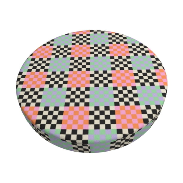 Disketp Colorful Checkered Funda Redonda para Taburete, Funda de Cojín para Silla de Bar Suave y Elástica-14 inch