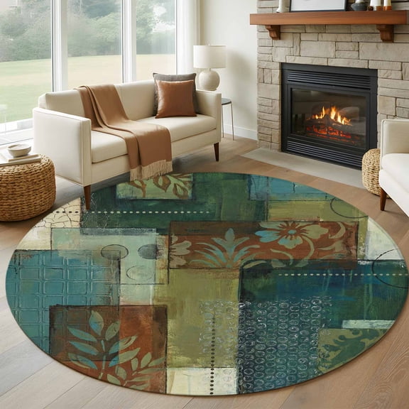 Teal Green Boho Round Area Rug 5Ft Washable Circle Rugs for Living Room Bedroom, Color Block Geometric Modern Non-Slip Carpet Floor Mats Indoor Outdoor Carpet Runner Aesthetic Home Decor
