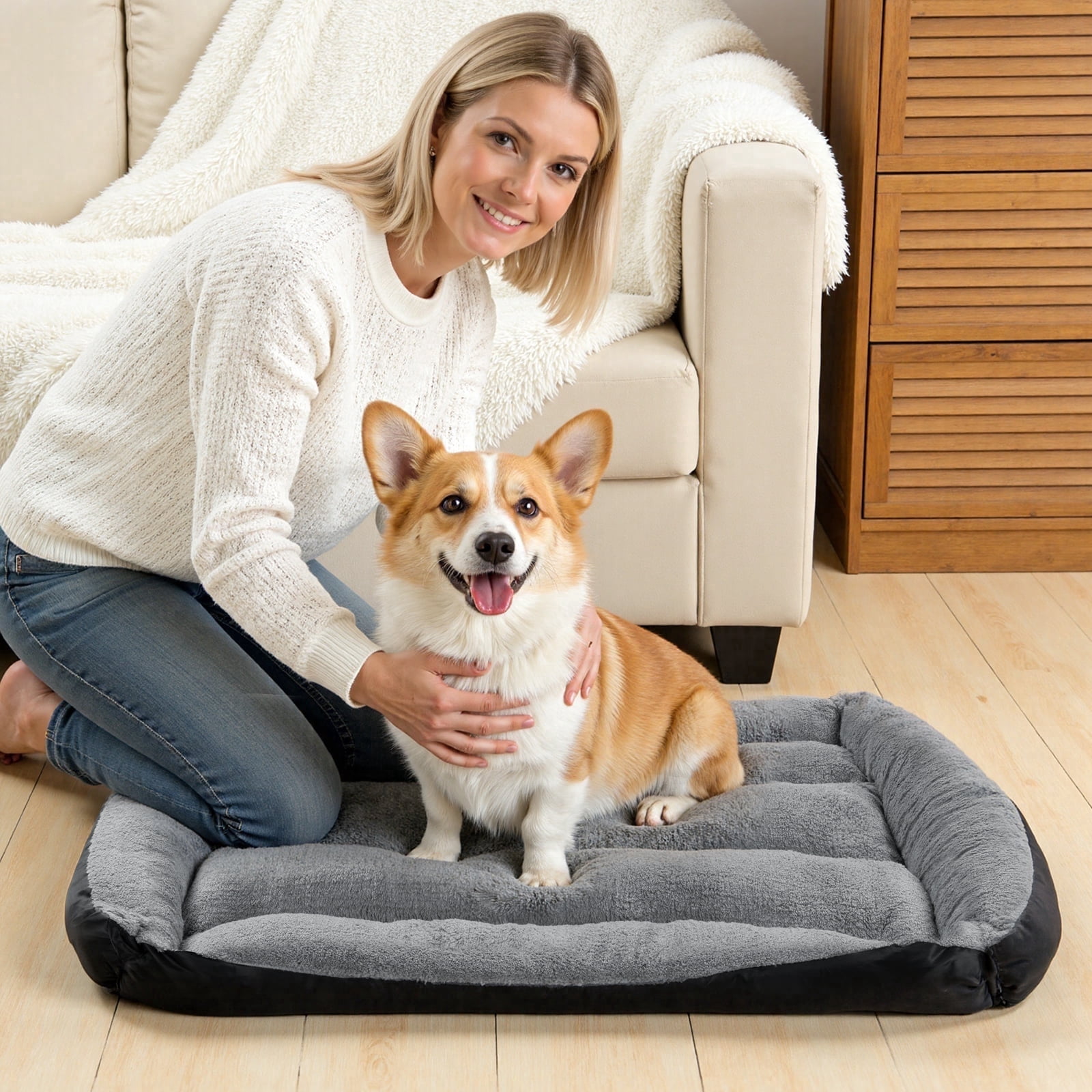 Vaukki Dog Bed for Medium Dogs, Washable Fluffy Dog Crate Mat with Non-Slip Bottom, Soft Plush Rectangular Kennel Pad, 30" x 25"
