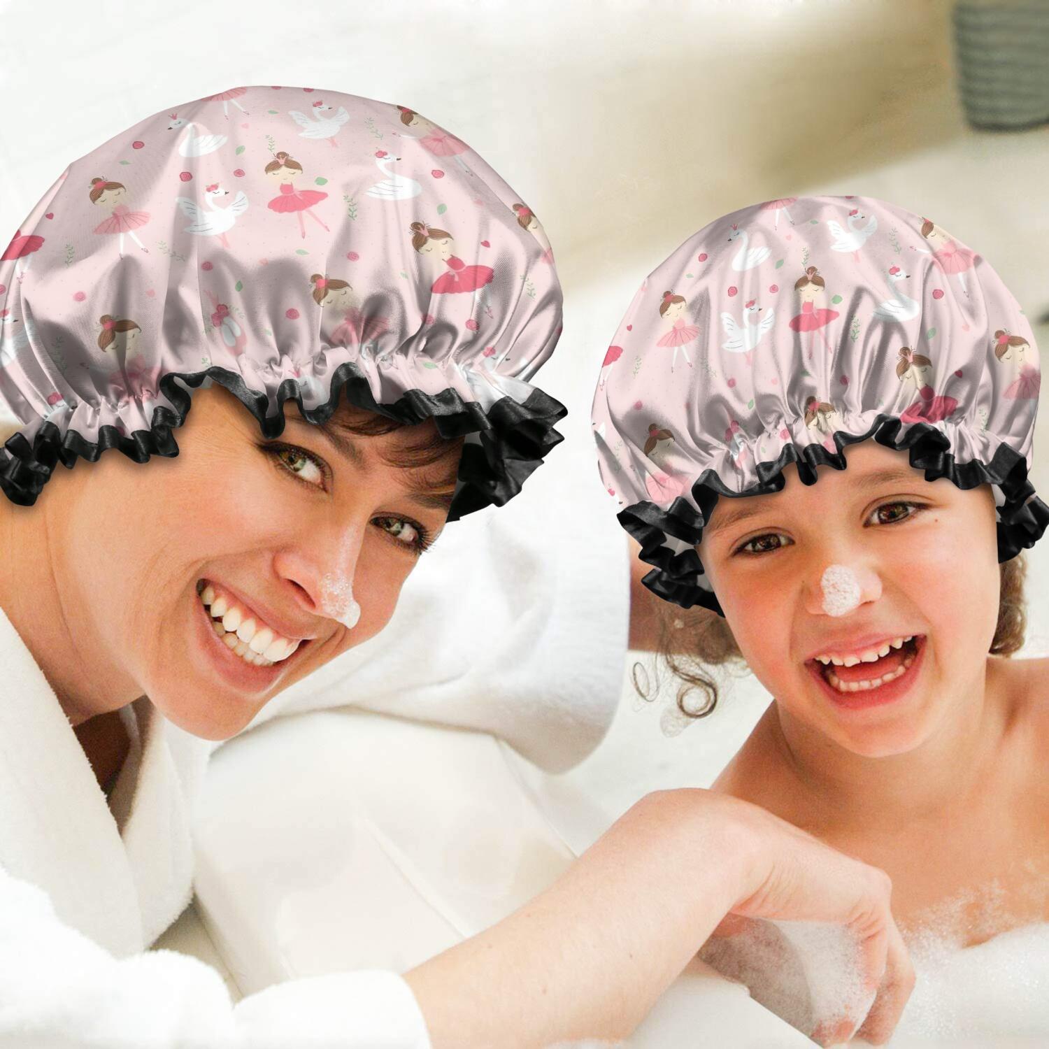 Shower Caps,Ballet Swan Princess Pattern Waterproof Shower Cap for Women 4 Pieces,Double Reusable Hair Cover for Shower PEVA Elastic Stretch Hem