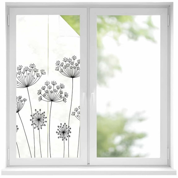 Black Dandelion Window Privacy Film, Spring Country Modern Minimalist Flower Static Cling UV Sun Blocking Heat Control Window Tint Day and Night, Non-Adhesive One Way Privacy Cover 19.6''x39.3''