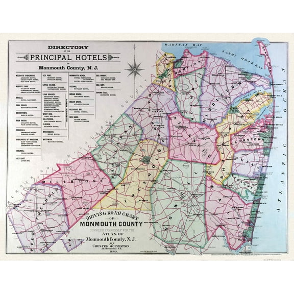 Historic County Map - Monmouth County New Jersey - Wolverton 1889 - 29.63 x 23 - Vintage Wall Art