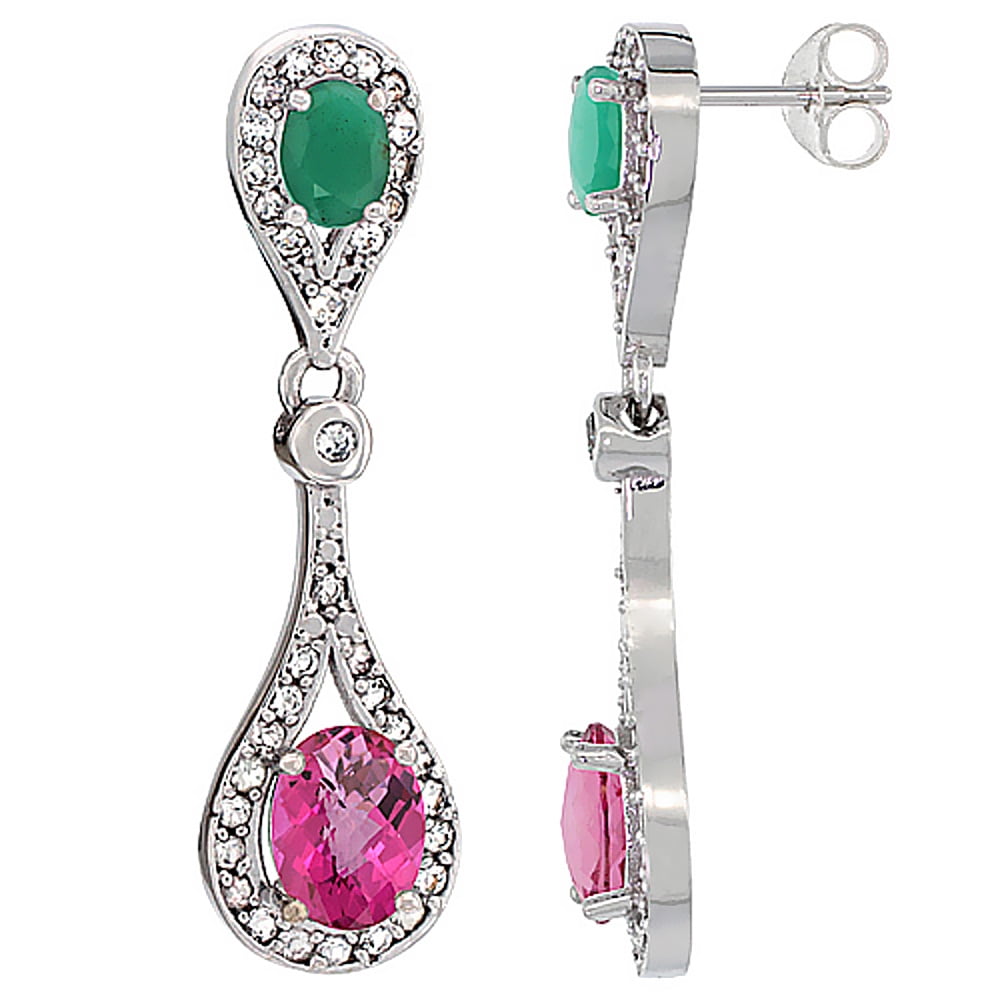 10K White Gold Natural Pink Topaz & Emerald Oval Dangling Earrings White Sapphire & Diamond Accents, 1 3 8 inches long by WorldJewels