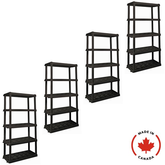 Étagère de garage en plastique ultra-résistant à 5 niveaux (H 186,7 cm x P 45,7 cm x L 91,4 cm), paquet de 4, noir, capacité totale de 340 kg.