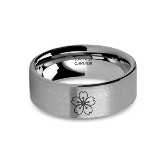 Cherry Blossom Sakura Engraved Tungsten Carbide Ring, Brushed, 8mm, Size 15