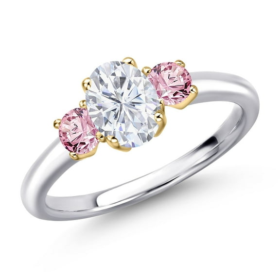 Gem Stone King 925 Silver and 10K Yellow Gold White Moissanite and Pink Lab Grown Diamond Engagement Ring for Women | 1.26 Cttw | Oval 7X5MM | Gemstone Birthstone | Size 8