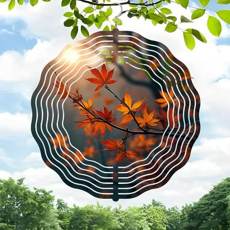 3D Metal Hanging Wind Spinners – Sound Wave Pattern Design with Vibrant Orange Leaves – Perfect for Yard and Garden Decor 3D Metal Hanging Wind Spinners – Sound Wave Pattern Design with Vibrant Orange Leaves – Perfect for Yard and Garden Decor