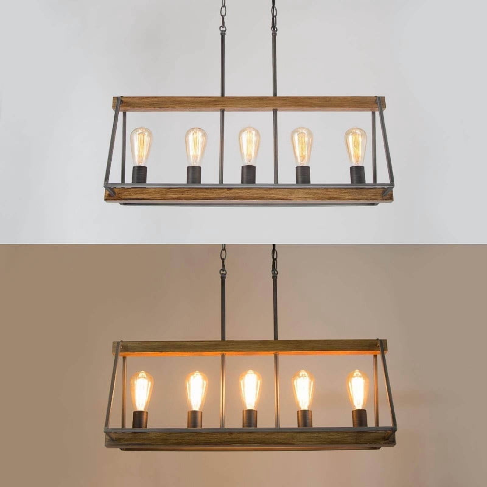LNC Musleisynin 5-Light Linear Island Light with Faux Wood Accents and Brushed Silver Frame