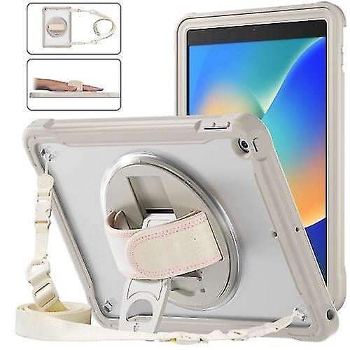 funda híbrida resistente con asa y correa para ipad 10.2 (2021/2020/2019) caqui, carcasa trasera rígida de PC con parachoques de TPU en vista 3/4; empuñadura giratoria 360° y soporte plegable 180°, correa de hombro ajustable, recortes precisos para cámara y puertos; adecuada para uso manos libres en viaje o cocina.