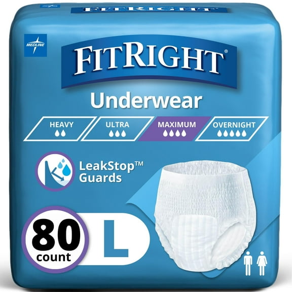 FitRight Incontinence Underwear for Men and Women, Adult Diapers, Super Absorbent, Large, 40in to 56in, 80 Count