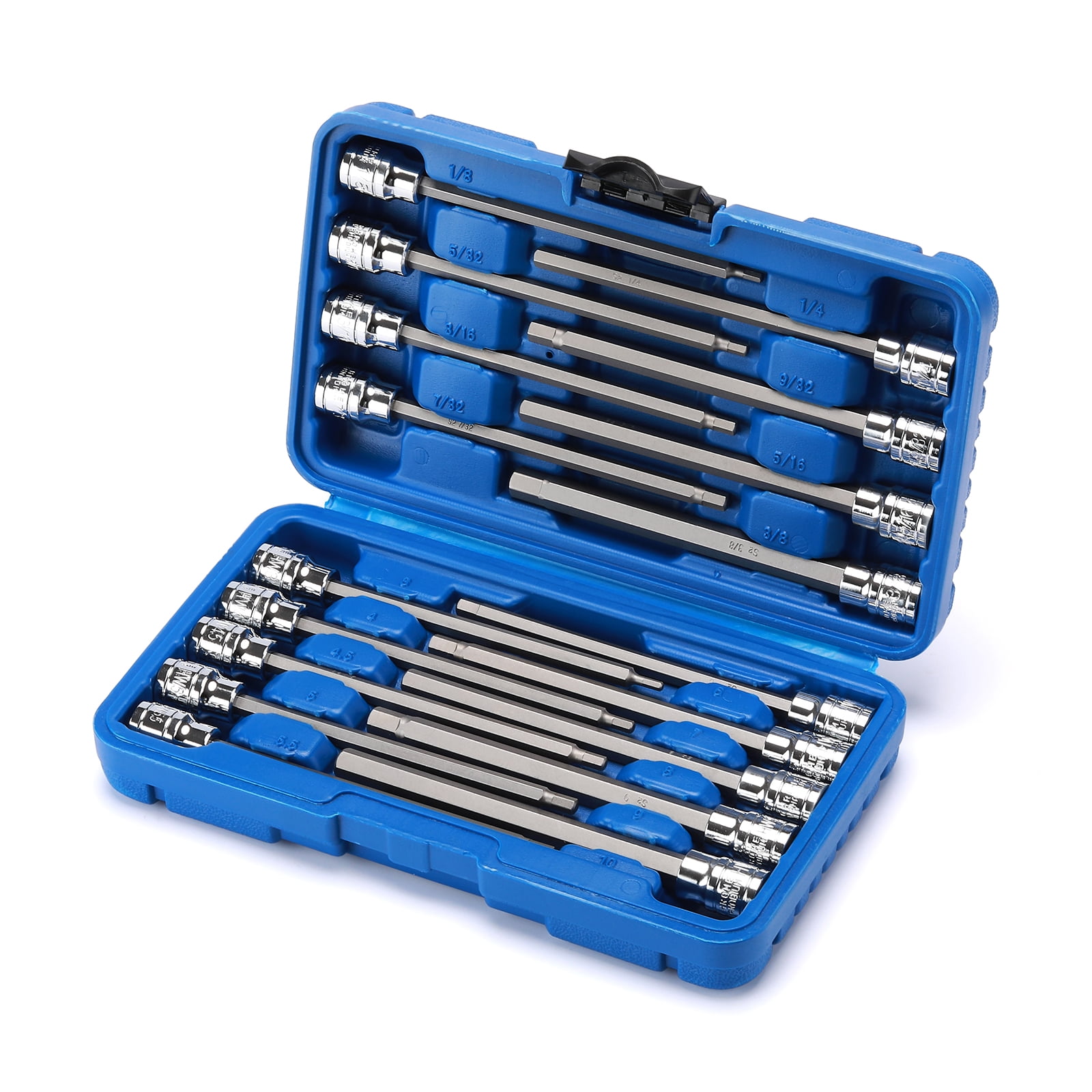 18-Piece 3/8 inch Drive Long Hex Bit Socket Set, 1/8 "- 3/8 ", 3mm - 10mm, SAE & Metric, Extra Long Allen Hex Bit Socket Set, CR-V and S2 Steel