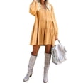 thumbnail image 2 of FANCYINN Womens Cute Shift Tunic Dress Babydoll Long Lantern Sleeves V Neck Beach Ruffle Mini Dresses & Pockets Mustard L, 2 of 5