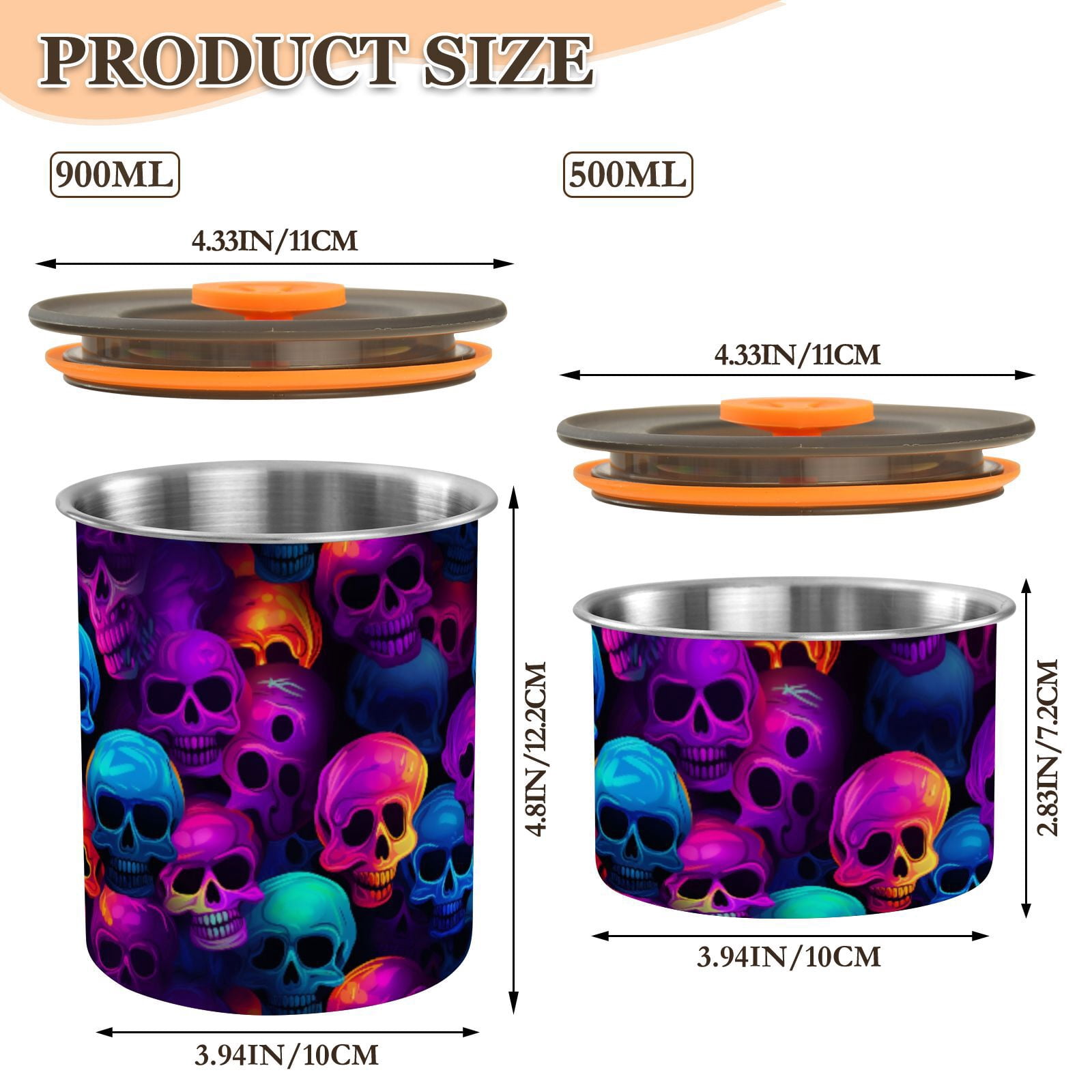Rainbow Skulls Airtight Coffee Bean Canister 30oz Food Storage Containers with Lids For Gournd, Tea, Sugar, Flour, Rice, Cereal, Candy Cookie Jar