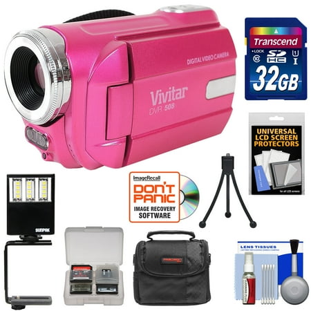Metal Compact Camcorders - Vivitar DVR-508 HD Digital Video Camera Camcorder (Pink) with 32GB Card + Case + LED Video Light + Tripod + Kit