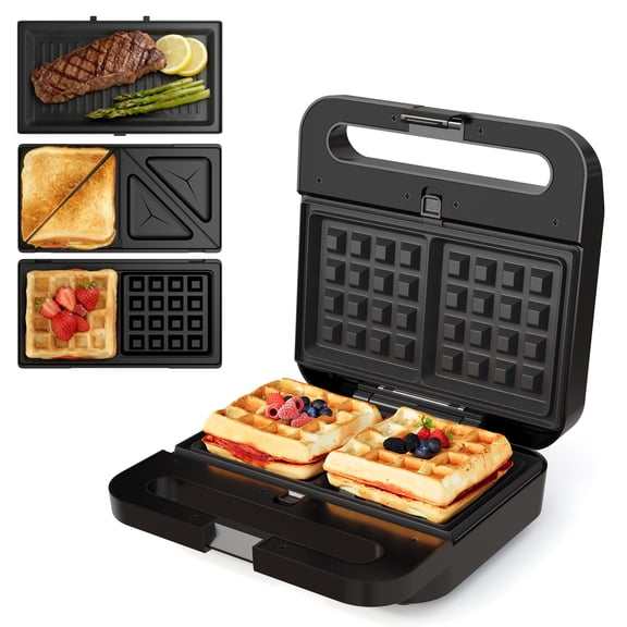 SUNVIVI 1000W 3 in 1 Electric Sandwich Maker with Removable Nonstick Plates Black for Belgian Waffle/Panini/Grill/Pancake Griddle/Breakfast,Dishwasher Safe, Cool Touch Handle Easy Clean Store