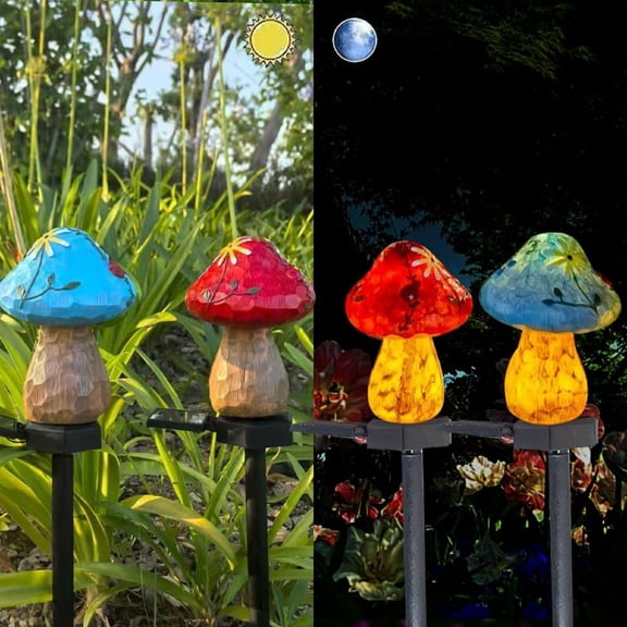Yhmxh Solar Powered Red and Blue Mushroom Floor Lights, Outdoor Waterproof Garden Stake Light Garden Decorative Resin Cute Mushroom Lamp, Wireless Dusk to Dawn LED Lights for Patio Yard Decorations