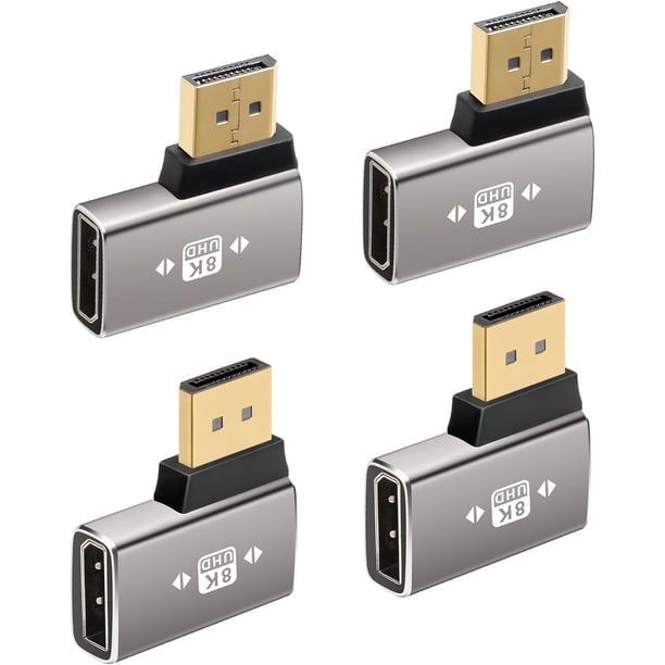 Adaptador 8K DisplayPort 1.4 plano de 90 grados y 270 grados, paquete 4, convertidor conector vertical DP macho a hembra en ángulo recto, extensor forma L DP, compatible con 8K@60Hz, 4K Plano