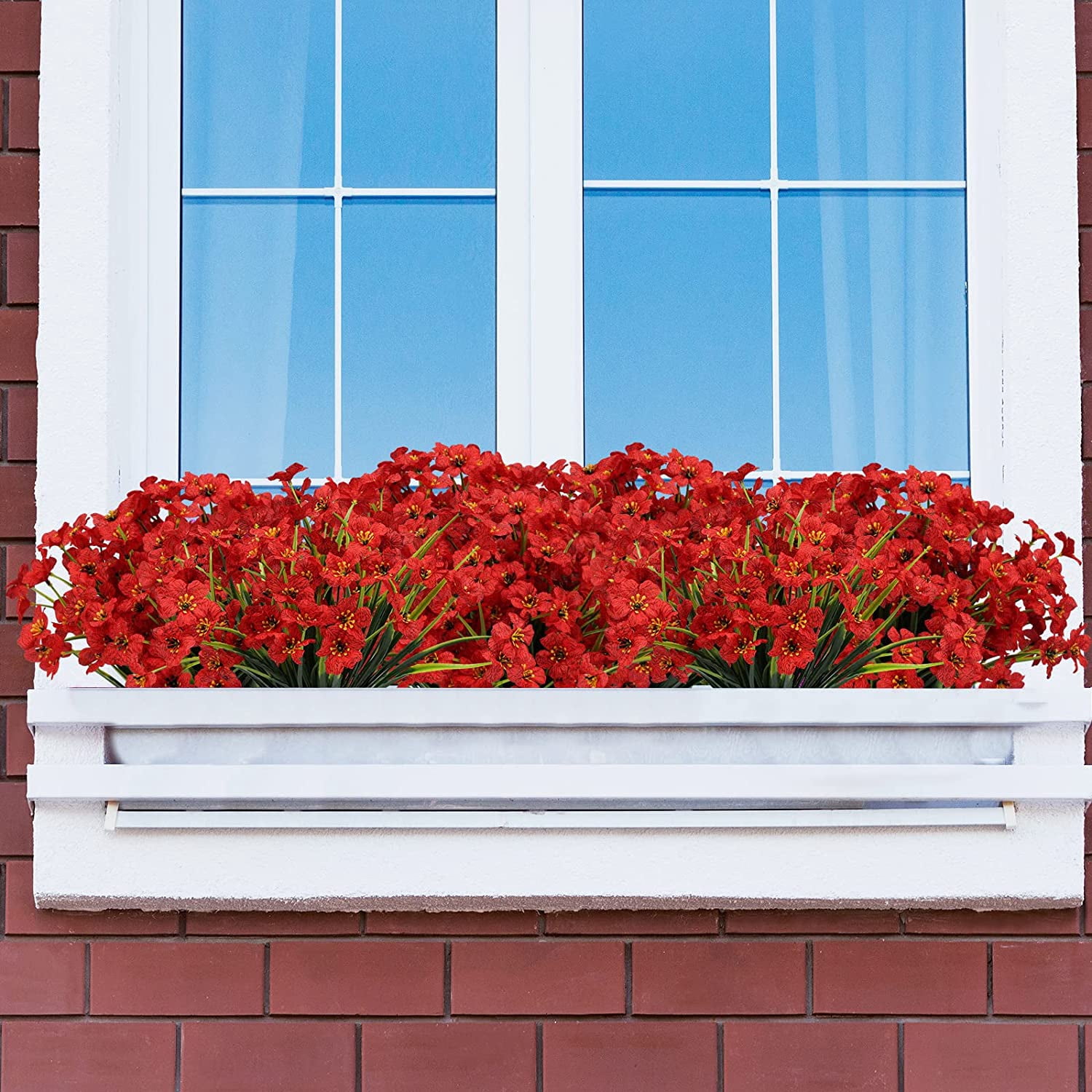 16 Bundles Artificial Flowers for Outdoors, Fake Silk Flowers Faux Plants UV Resistant for Hanging Planters Window Box Front Porch Indoor Outside Decorations (Red)
