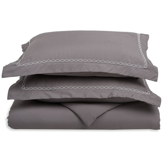 6-Line Microfiber Wrinkle-Resistant Duvet Cover and Embroidered Pillow Sham Set Grey/White / Full/Queen