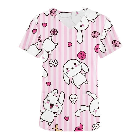 

Ozmmyan Womens Tops Easter Day Scrubs for Women Tops Short Sleeve V-neck Tops Working Uniform Easter Print With Pocket Blouse
