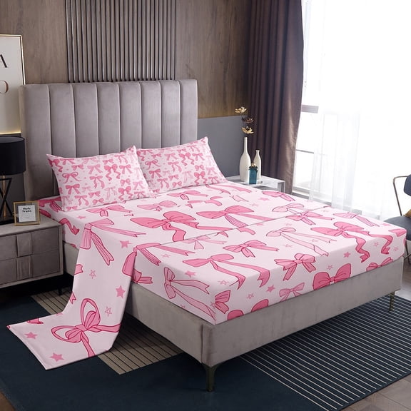 Erosebridal Kawaii Bowknot Sheet Set Twin,Cartoon Stars Bedding Sets Twin Size,Cute Bow Twin Sheet Sets,Lightweight Bow Tie Bedroom Decoration,3pcs