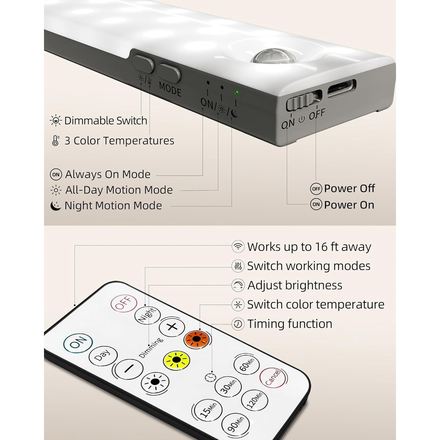 6-Pack Under Cabinet Lighting, 2000mAh Rechargeable Wireless Motion Sensor Lights, 62LEDs, 3 Color Temps, Dimmable, Timer, Magnetic, with Remote Control for Kitchen, Closet, Stair