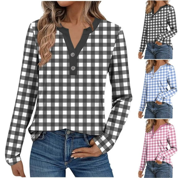 Ashirexll Womens Long Sleeve Tops, Shirts for Women Trendy, Fashion Ladies' Casual Plaid V-Neck Long Sleeve T-shirt Blouse Tops