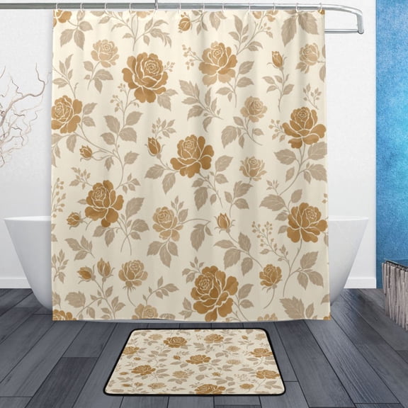 TTYFWHD 60" x 72" Shower Curtain and Bath Mat Set Beige Floral Rose Pattern Waterproof Bathroom Curtain with 12 Hooks, Bathroom Decor Set