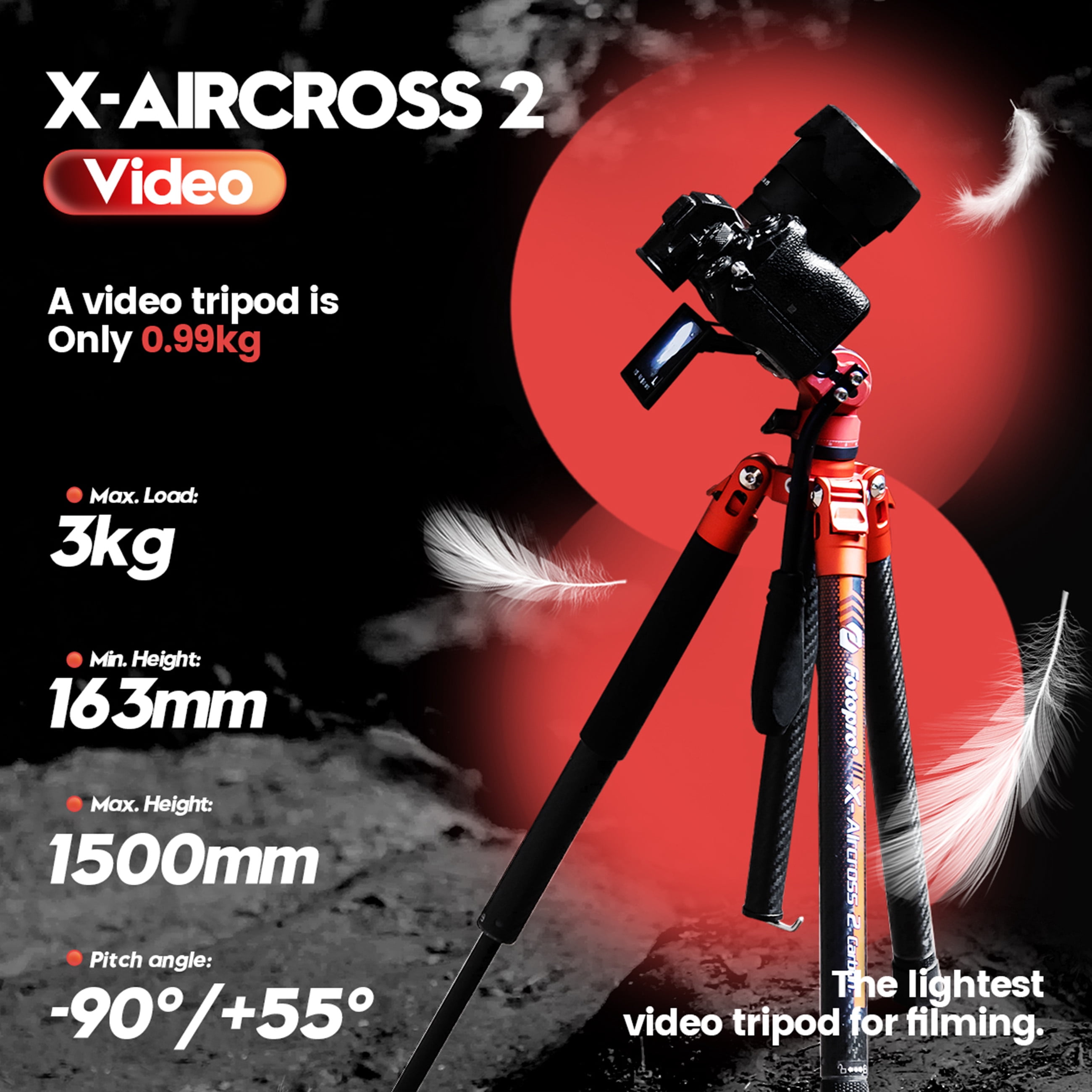 Fotopro 59” Video Tripod for Travel, 0.99kg Lightweight Carbon Fiber Camera Tripod Stand with Video Head, Fast Lock, 1/4" Quick Release Plate for DSLR Camera, 22lbs Load, X-Aircross 2 Video Orange