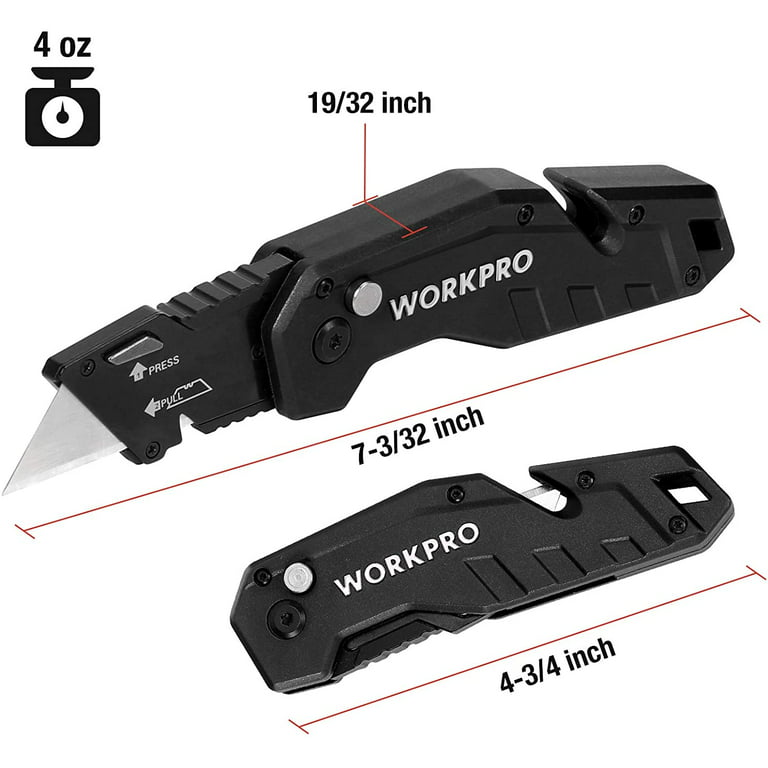 WorkPro Folding Utility Knife, Box Cutter with Belt Clip, Quick-Change Blade, Lightweight Nylon Handle, Wire Stripper & Gut Hook, Extra 10 SK5