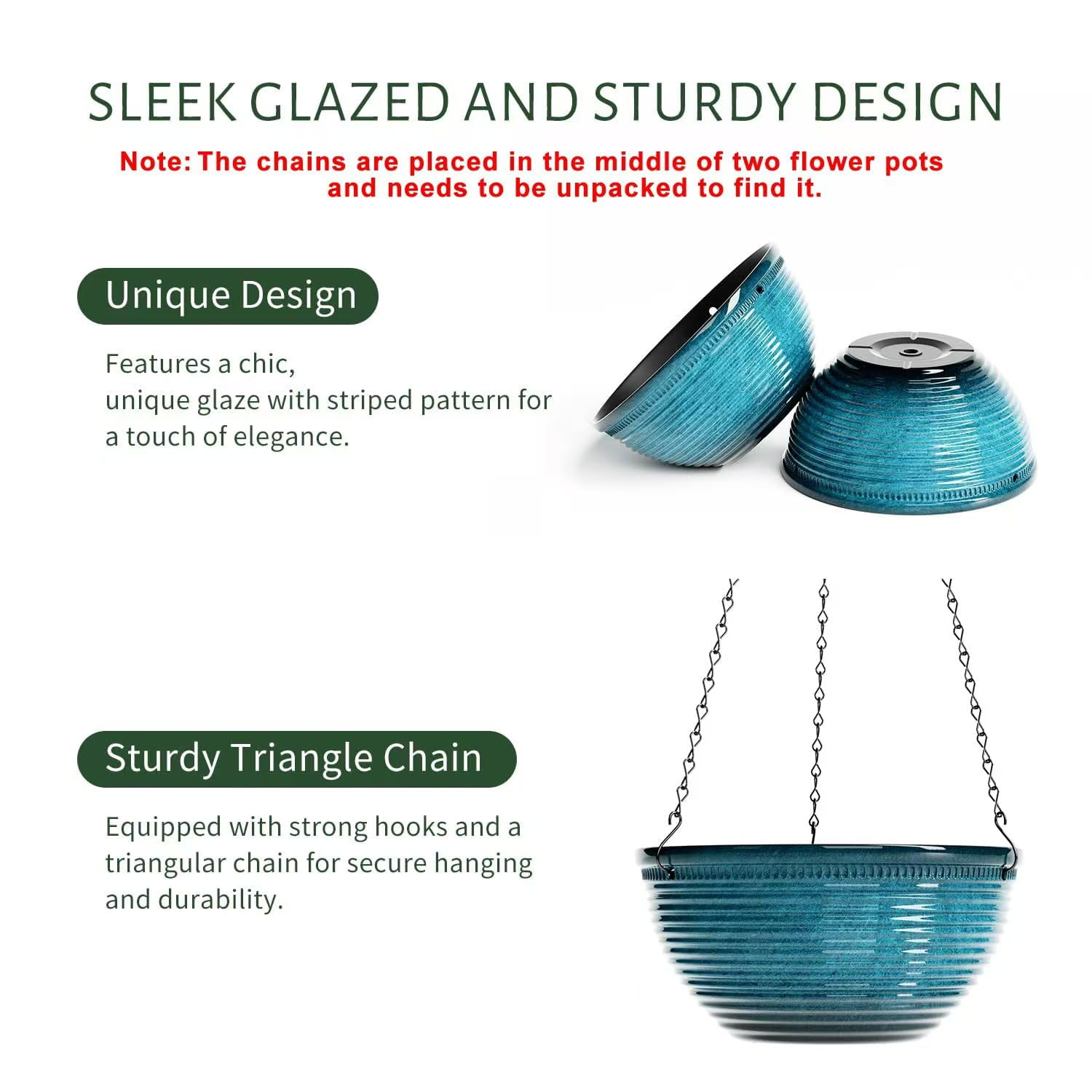 2 Pack Hanging Planters for Indoor Outdoor Plants, 10 Inch Hanging Planter with Drainage Hole & Plug Glazed Hanging Baskets Flower Pots for Garden Home (Blue)