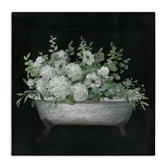 Stupell Industries Floral Bath on Black Typography Painting Gallery Wrapped Canvas Art Print Wall Art, 17 x 17