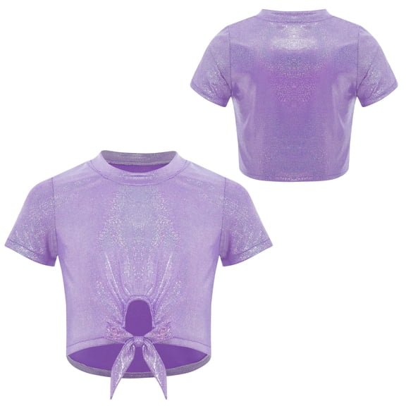 inlzdz Girls Metallic Shiny Hip Hop Jazz Dance Crop Top Performance Glitter T-Shirt Disco Party Dancewear Purple 140