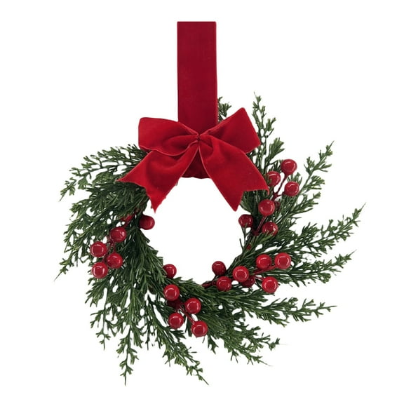 Shoreew Artificial Christmas Wreath for Front Door 10 Inch Winter Greenery Wreath with Red Berries And Velvet Bow for Holiday Farmhouse Indoor Outdoor Porch Wall Fireplace Decor