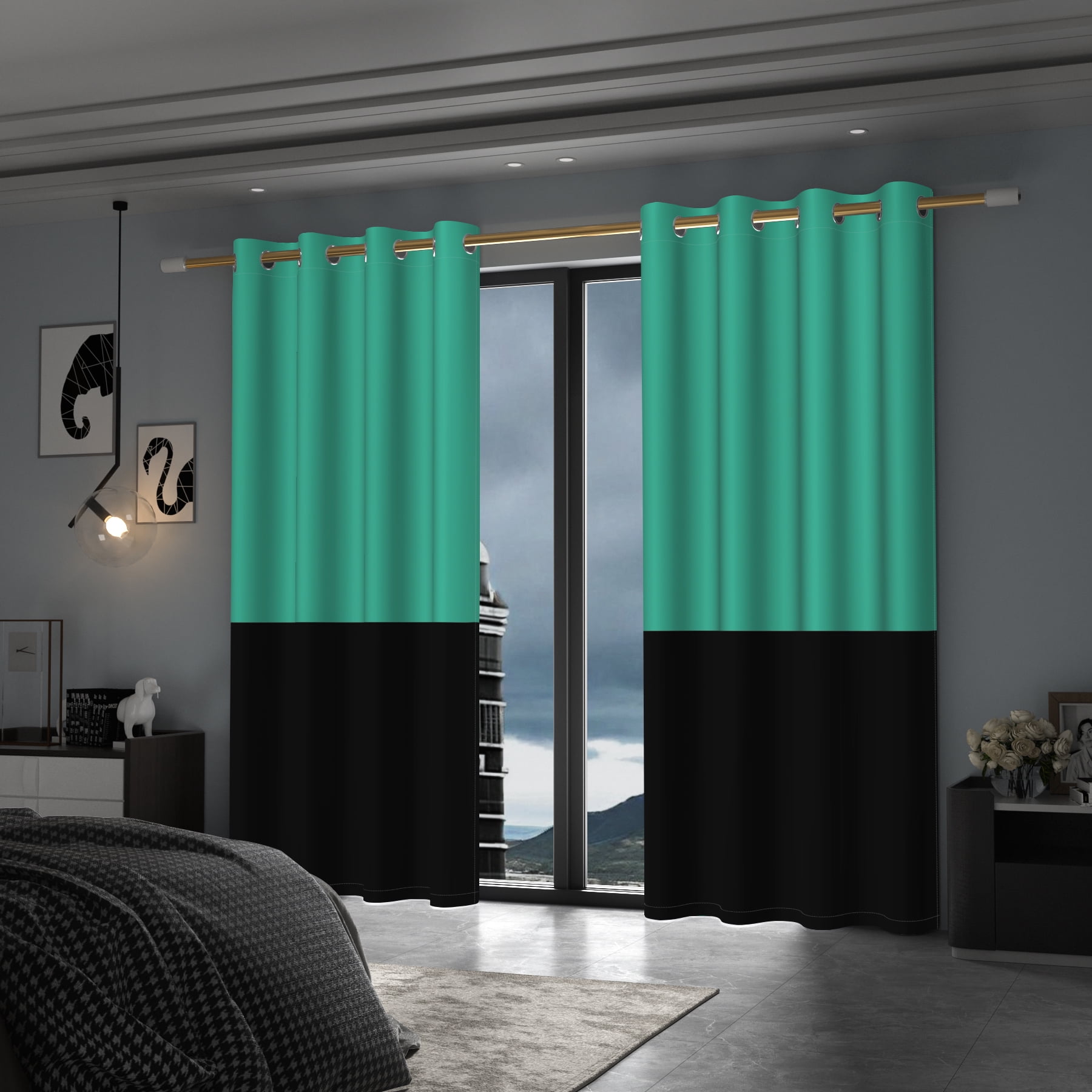 Lfeey Room Darkening Curtains, 63 inch long Blackout Curtains for Bedrooms, Cyan and Black, 2 Pieces