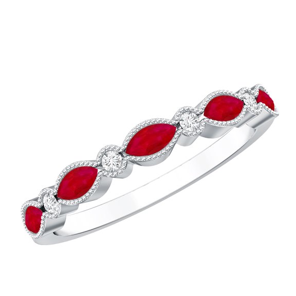 Rosec Jewels Natural Ruby Half Eternity Ring for Women - East West Ruby Ring with Moissanite - AAA Quality - with Jewelry Box, 925 Sterling Silver, US 4.00