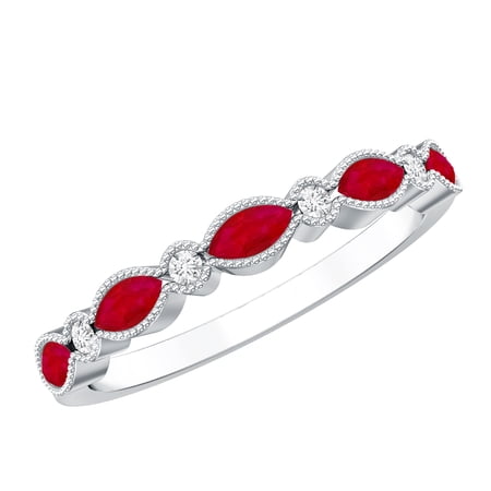 Rosec Jewels Natural Ruby Half Eternity Ring for Women - AAA Quality - East West Ruby Ring with Diamond - with Jewelry Box 14K White Gold US 10.50
