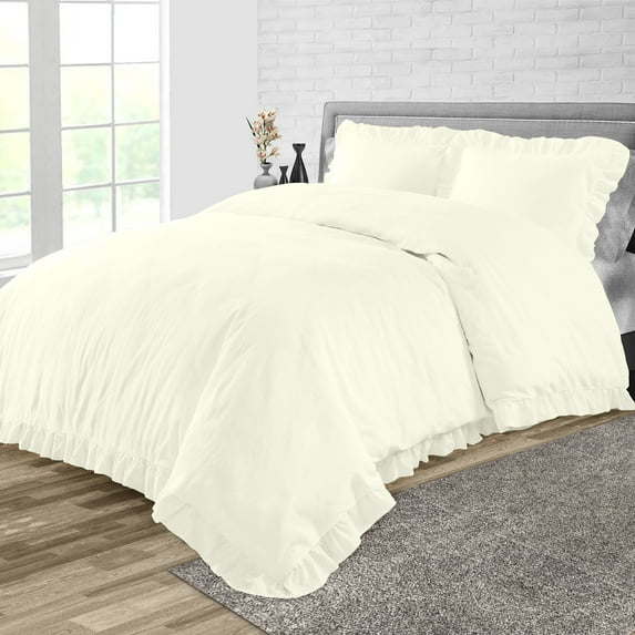 Duvet Cover 3 Piece Egyptian Cotton Cozy & Breathable 600 Thread Count Trimmed Ruffle Duvet Covers with Zipper Closure & Corner Ties Soft Comforter Cover (Oversized King, Ivory )