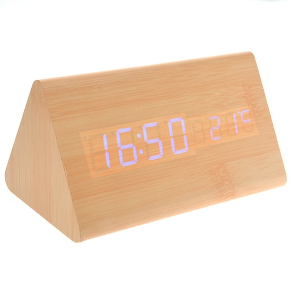 MLINS 015-11 USB /AAA Powered Triangle Shaped Voice Control Blue Light Digital LED Wooden Desk Alarm Clock with Date /Temperature (Burlywood)