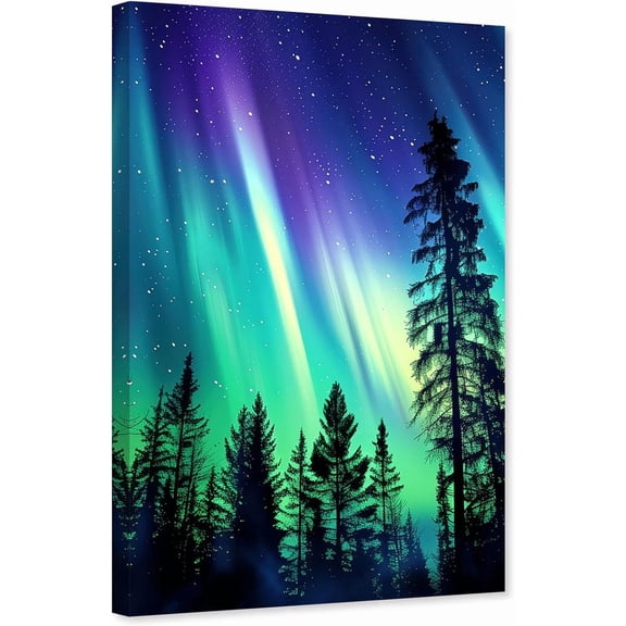 ZHONGYUTONG Northern Lights Wall Art Aurora Borealis Canvas Pictures Forest Trees Landscape Painting for Living Room Bedroom Decor Framed (12.00" x 18.00")