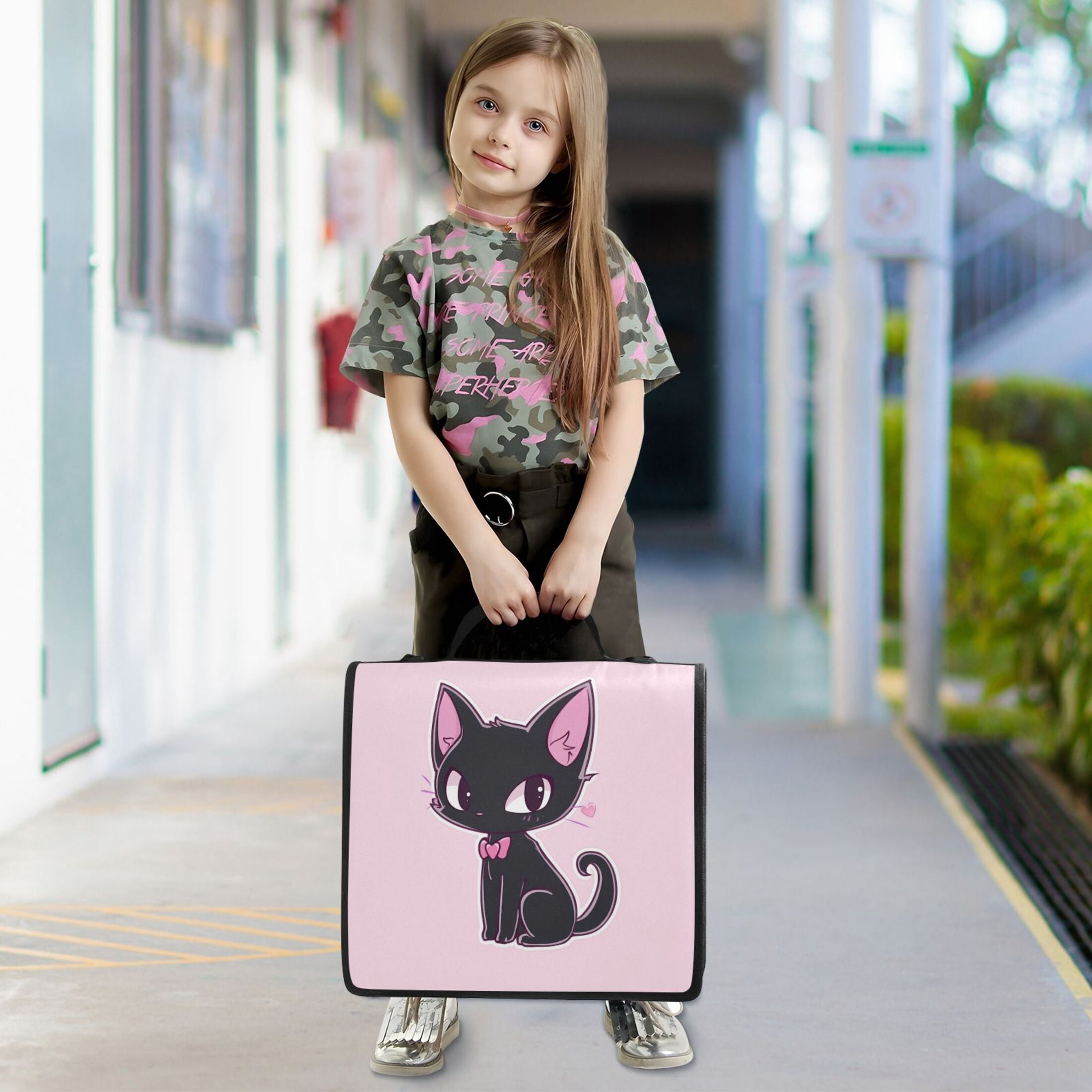 3 Ring Zipper Binder with Shoulder Strap Waterproof Trapper Keeper 2 Inch D-Ring 500 Sheets Capacity Lovely Cat Wear Bow Tie
