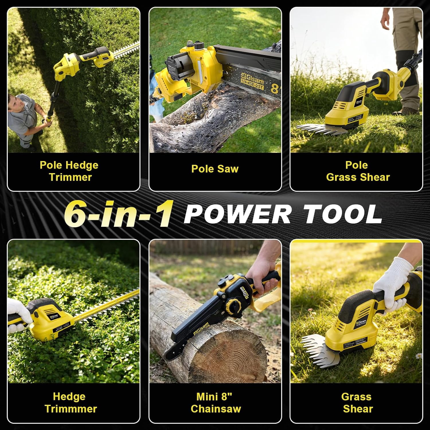 Gisam 6-in-1 Mini Chainsaw & Hedge Trimmer, 8 inch Electric Chainsaw, 2×4.0Ah Batteries, Brushless Motor 2500W, 0-180° Adjustable,  4.5m Hedge Cutting