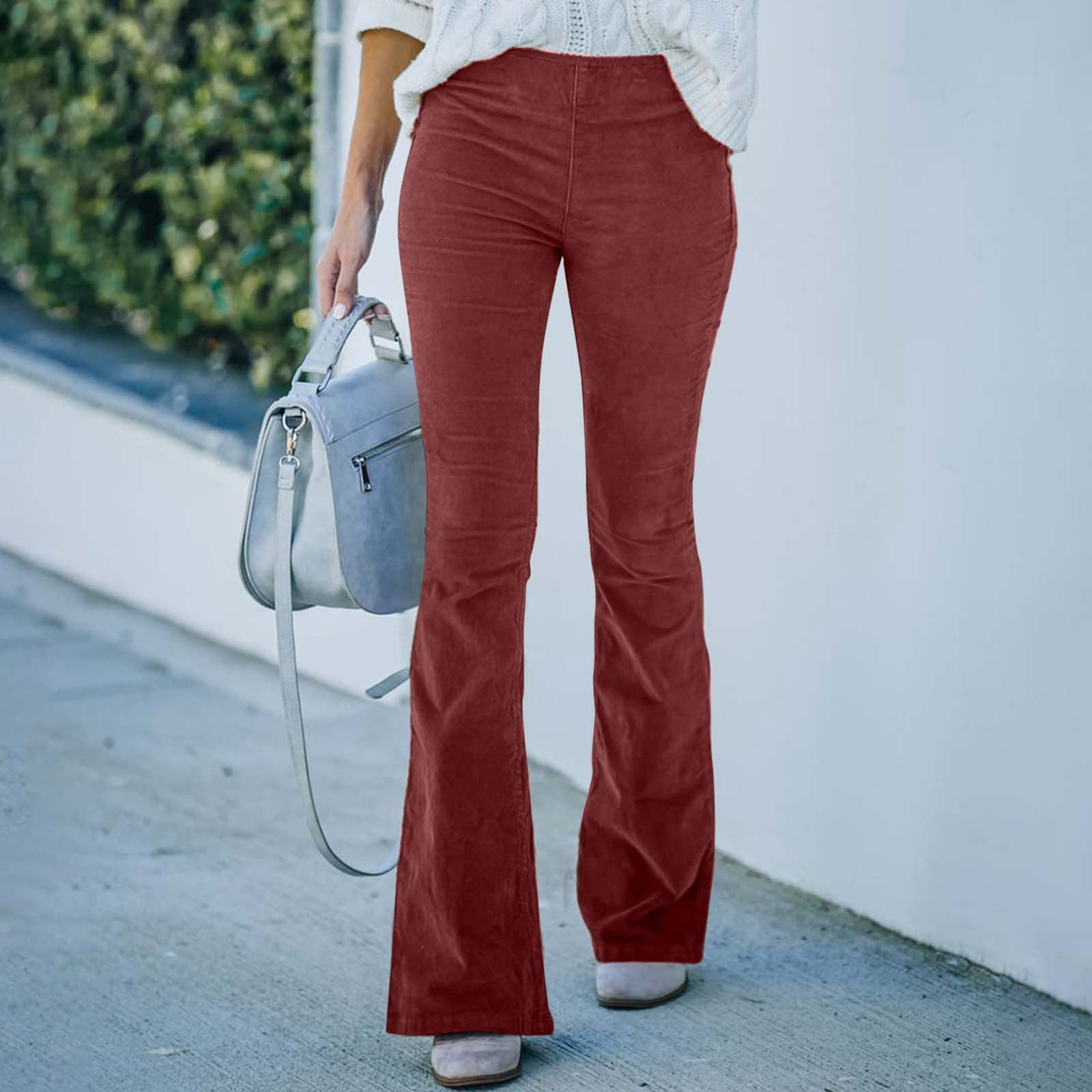 JWZUY Women Corduroy Flare Pants Elastic Waist Bell Bottom Trousers High Waist Pants with Pocket Wine XL