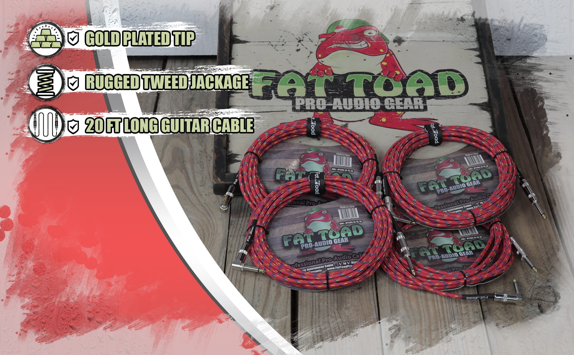 Fat Toad Guitar Cables (4 Pack) - Right Angle to Straight-End Instrument Cord Tweed Cloth Jacket - Braided Woven 20 FT 1/4 Inch Jack TS for Electric Guitar, Bass Shielded 20 AWG Patch Conductor