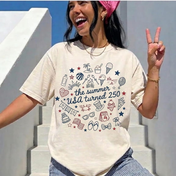 The Summer USA Turned 250 T-Shirt, Vintage Patriotic Doodle Summer Tee, 1776-2026 4th of July Anniversary Shirt