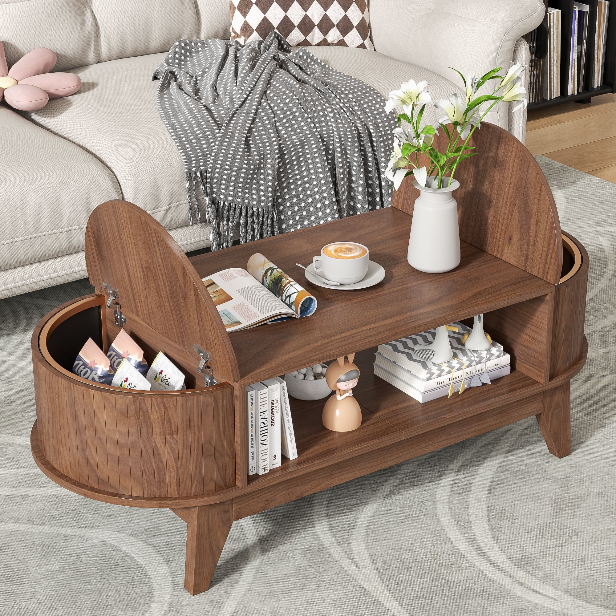 Fluted Coffee Table with Storage, Modern Coffee Tables, Wood Accent Center Table, Walnut