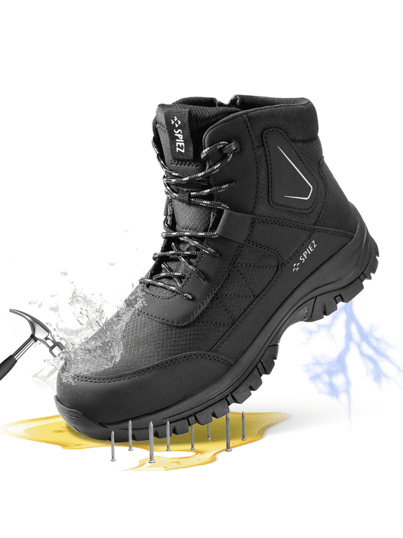 Men's Steel Toe Work Boots, Anti-Static Waterproof Safety Boots, Non-Slip High Top Lace-Up Shoes with Zipper, Puncture-Resistant, for Industrial & Construction Use, Black, Size 11