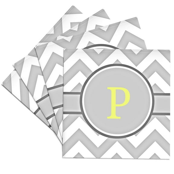 3drose, Grey and White Chevron with Yellow Monogram Initial P, Set of 4 Ceramic Tile Coasters
